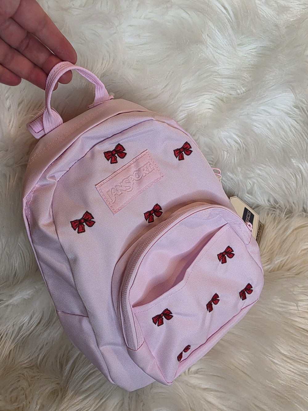 NWT JanSport Half Pint FX Mini Backpack viral Embroidered Bows BEGONIA PINK - Picture 8 of 9